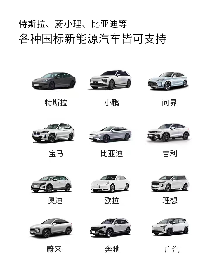 特斯拉、蔚來、比亞迪、大眾等各種國(guó)標(biāo)新能源汽車皆可支持
